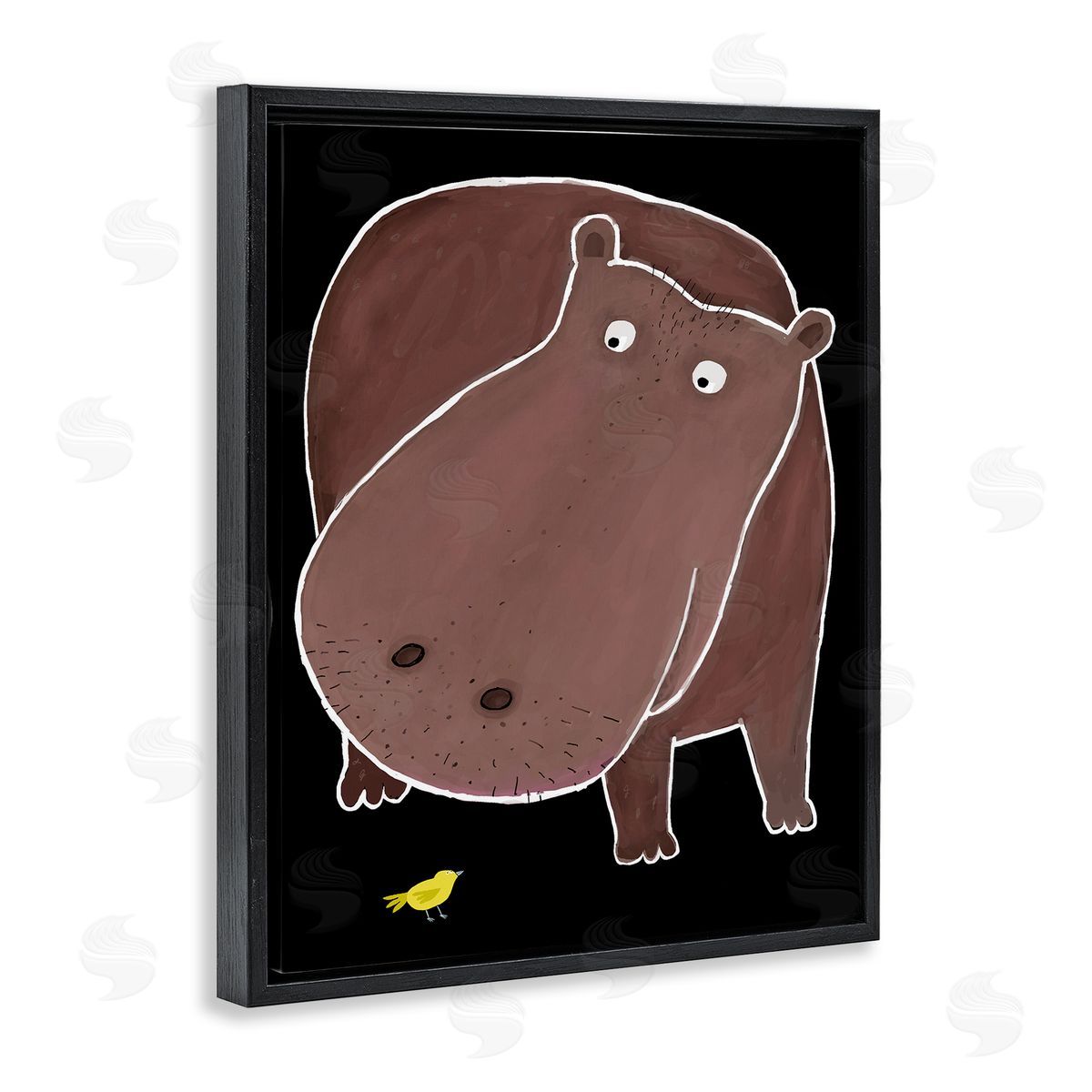 Hippo & Bird on Black Black Floating Frame Canvas Wall Art, Home Decor by Carla Daly