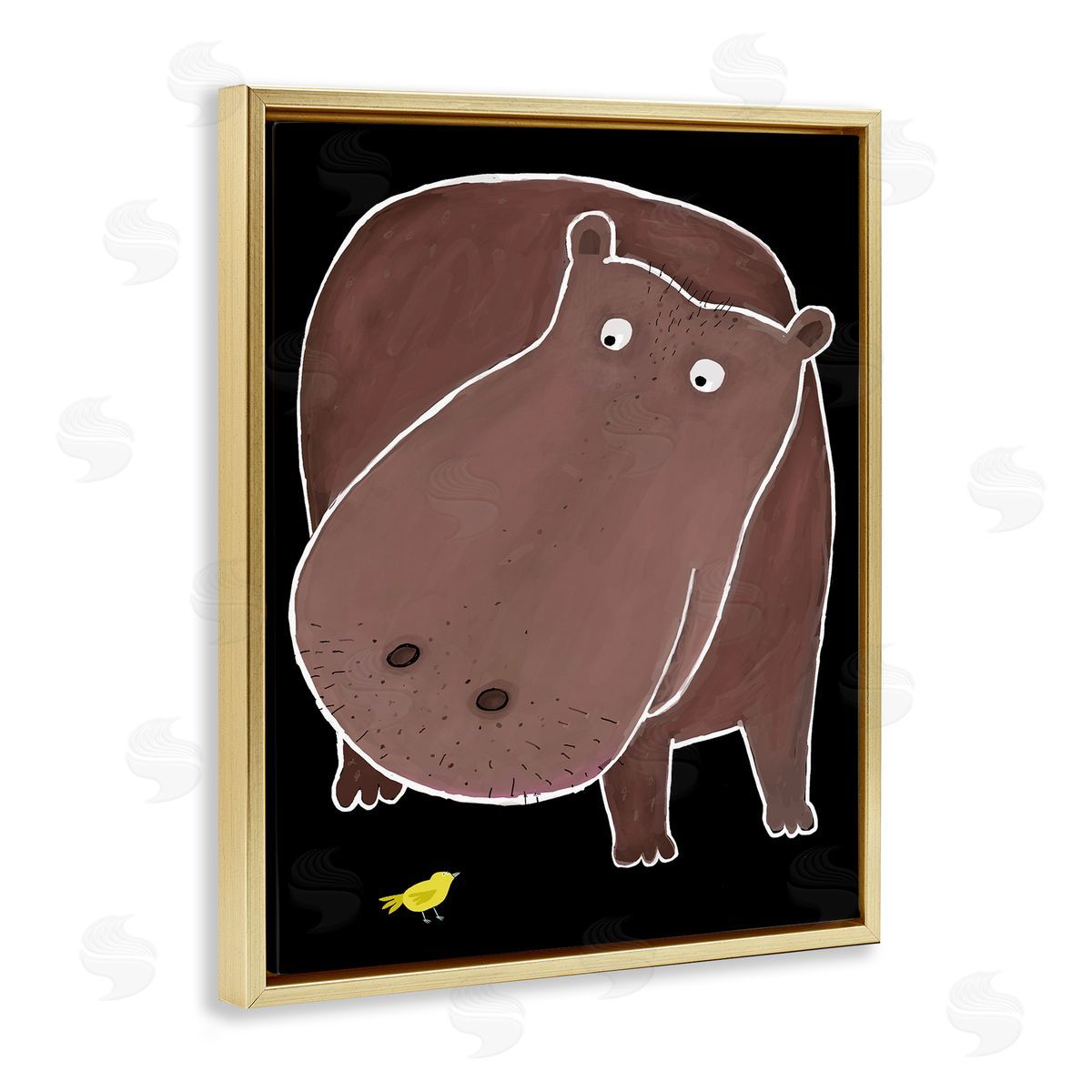 Hippo & Bird on Black Gold Floating Frame Canvas Wall Art, Home Decor by Carla Daly