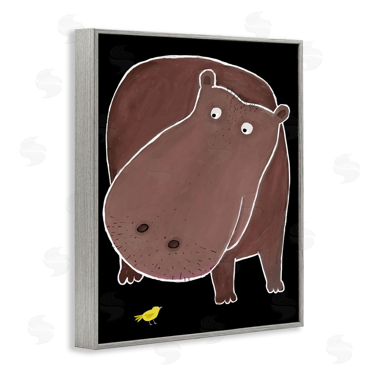 Hippo & Bird on Black Grey Frame Print Wall Art, Home Decor by Carla Daly