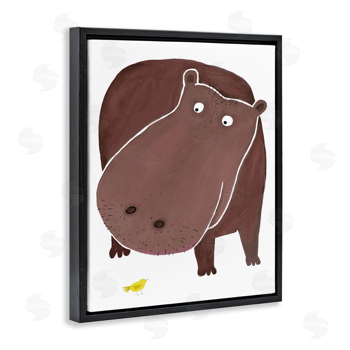 Hippo and Bird Friends Black Floating Frame Canvas Wall Art, Home Decor by Carla Daly
