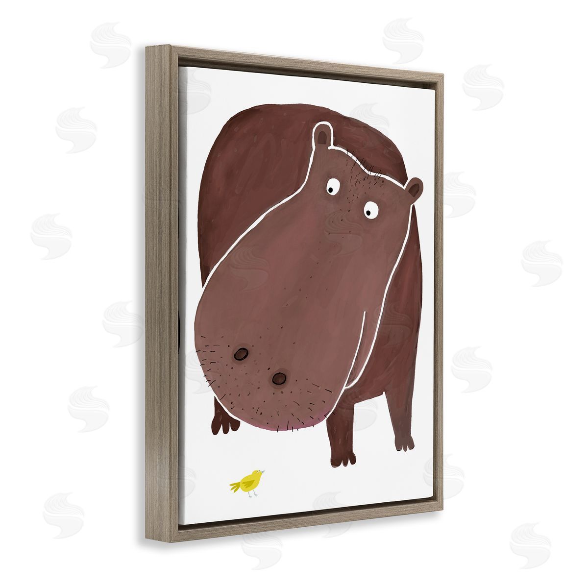 Hippo and Bird Friends Brown Floating Frame Canvas Wall Art, Home Decor by Carla Daly