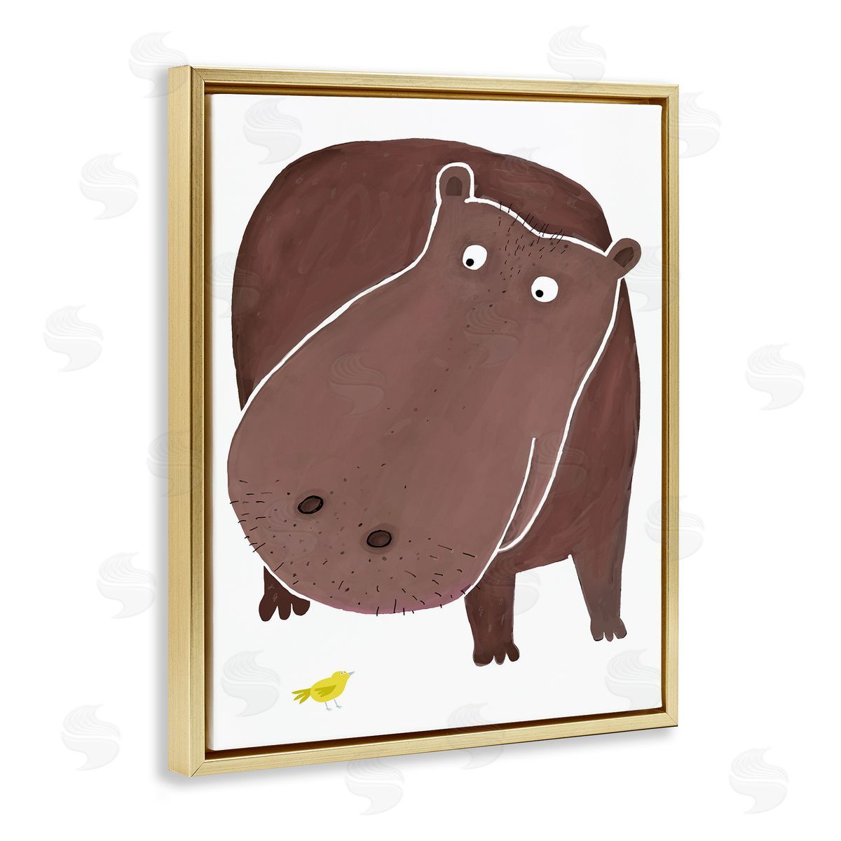 Hippo and Bird Friends Gold Floating Frame Canvas Wall Art, Home Decor by Carla Daly