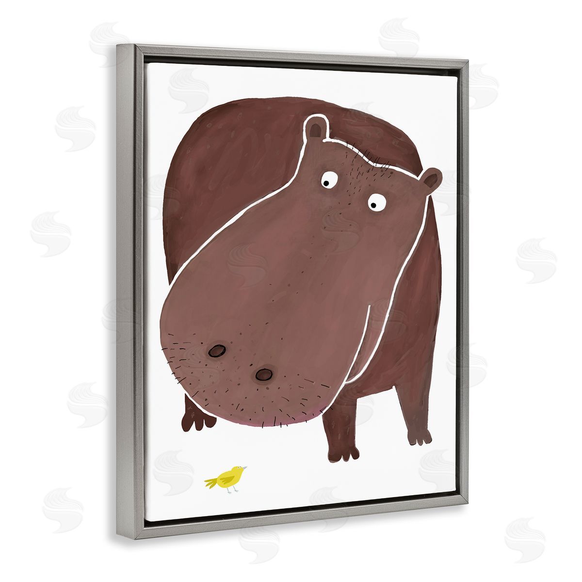 Hippo and Bird Friends Grey Floating Frame Canvas Wall Art, Home Decor by Carla Daly