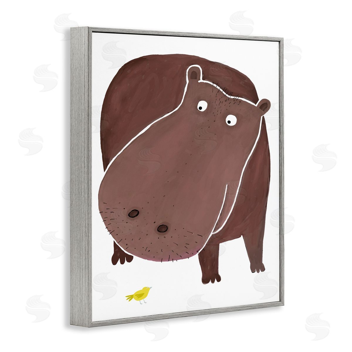 Hippo and Bird Friends Grey Frame Print Wall Art, Home Decor by Carla Daly