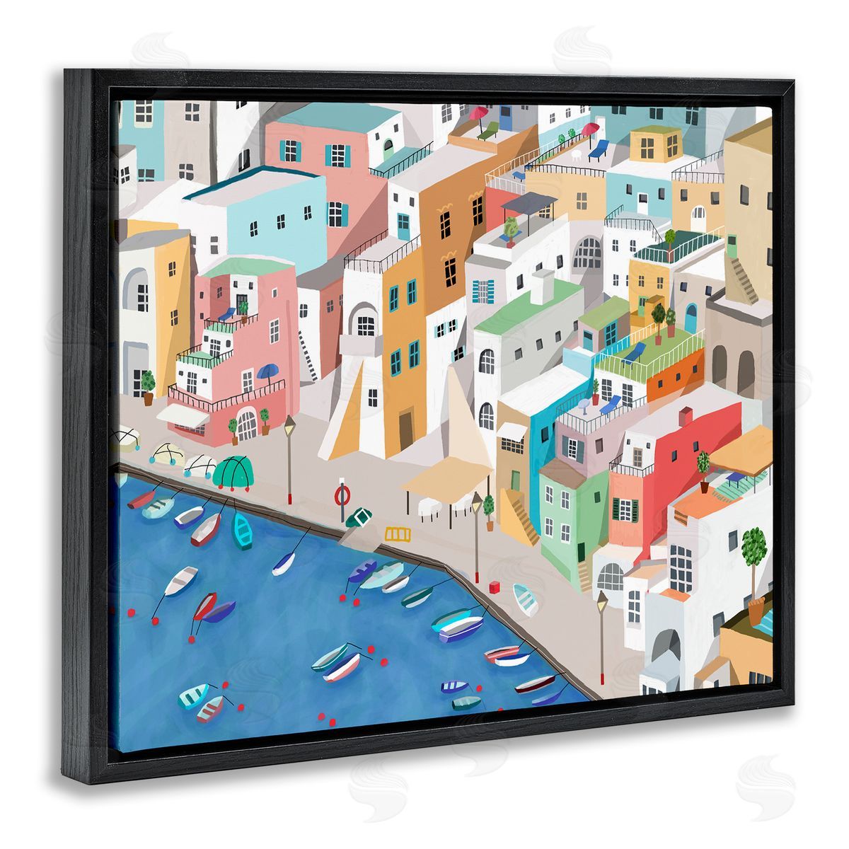 Coastal Town Harbor Black Floating Frame Canvas Wall Art, Home Decor by Carla Daly
