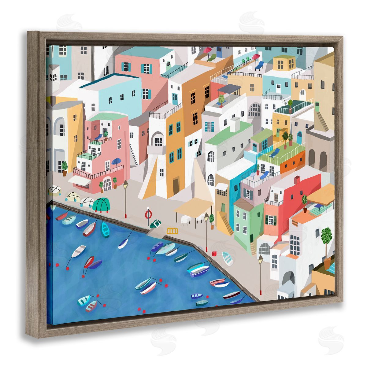 Coastal Town Harbor Brown Floating Frame Canvas Wall Art, Home Decor by Carla Daly
