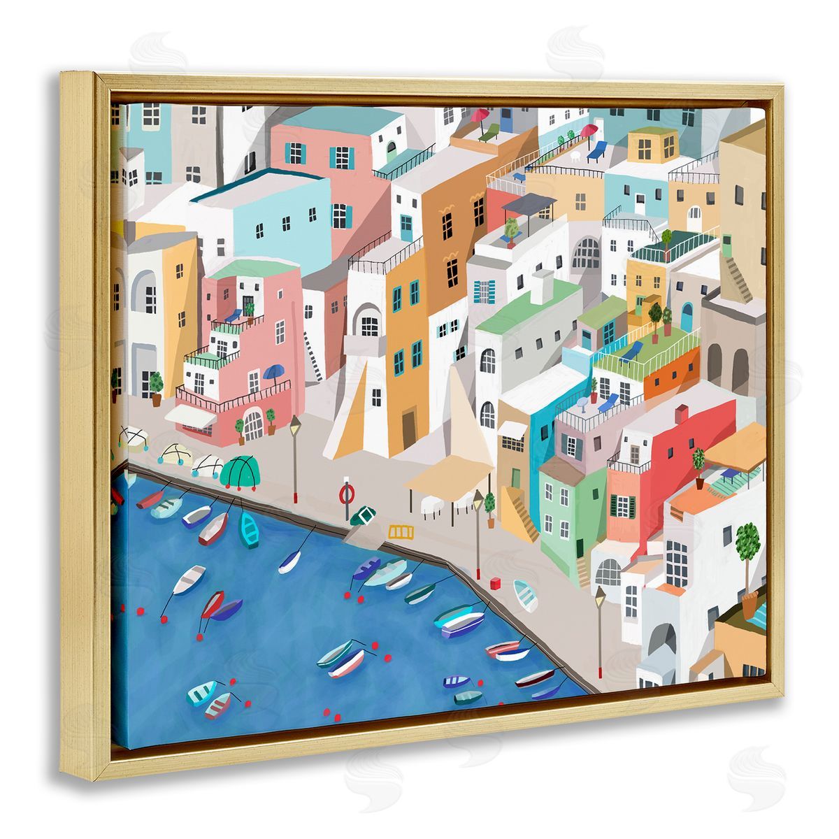Coastal Town Harbor Gold Floating Frame Canvas Wall Art, Home Decor by Carla Daly