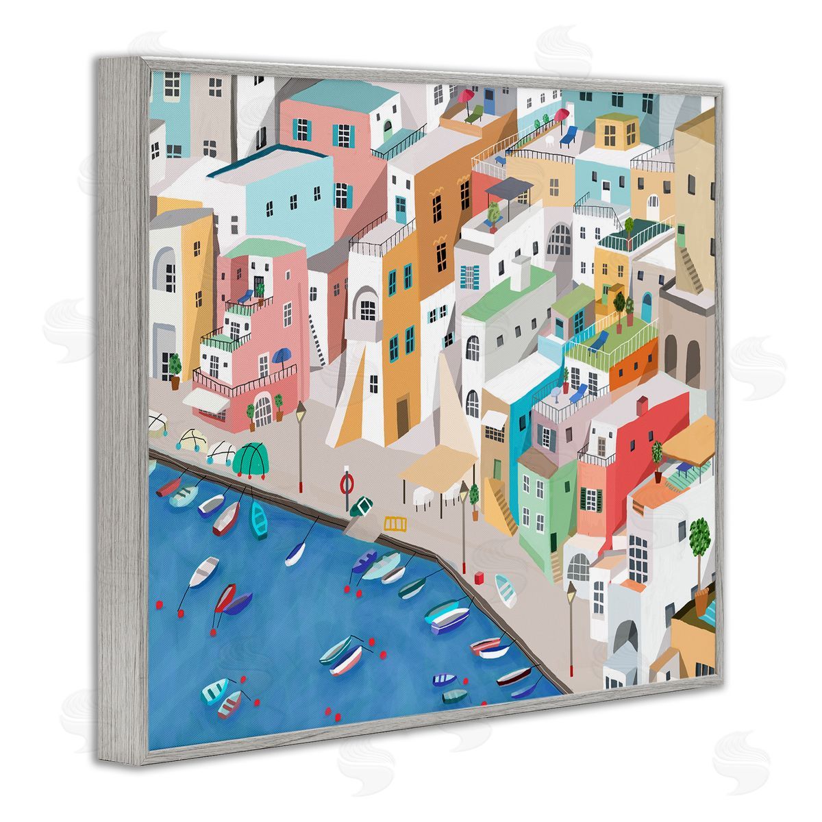 Coastal Town Harbor Grey Frame Print Wall Art, Home Decor by Carla Daly