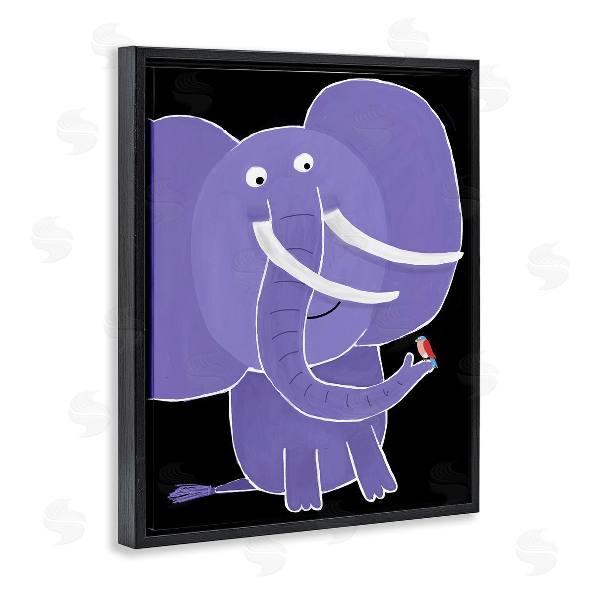 Elephant & Bird on Black Black Floating Frame Canvas Wall Art, Home Decor by Carla Daly