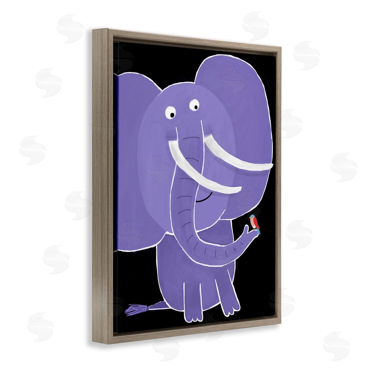 Elephant & Bird on Black Brown Floating Frame Canvas Wall Art, Home Decor by Carla Daly