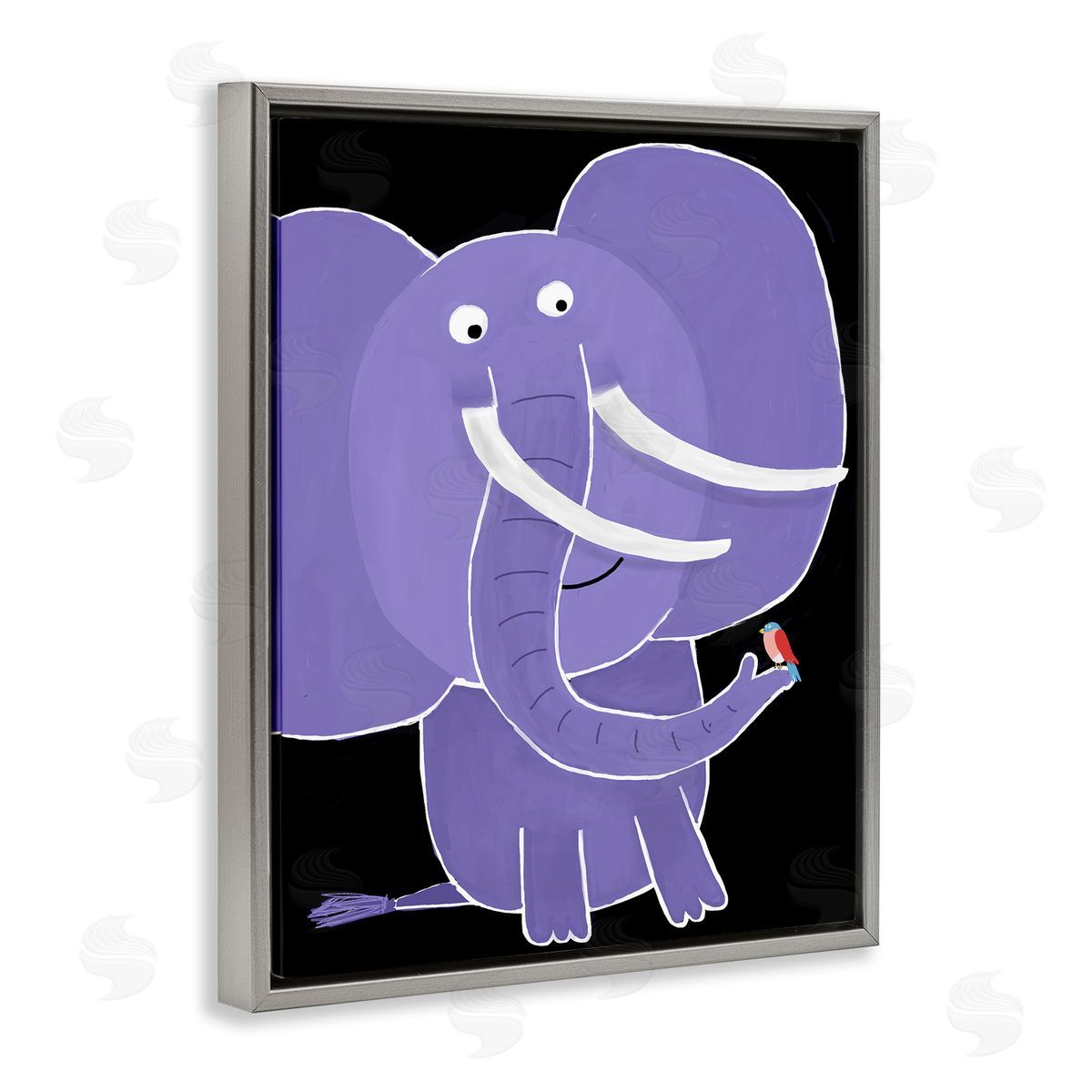 Elephant & Bird on Black Grey Floating Frame Canvas Wall Art, Home Decor by Carla Daly