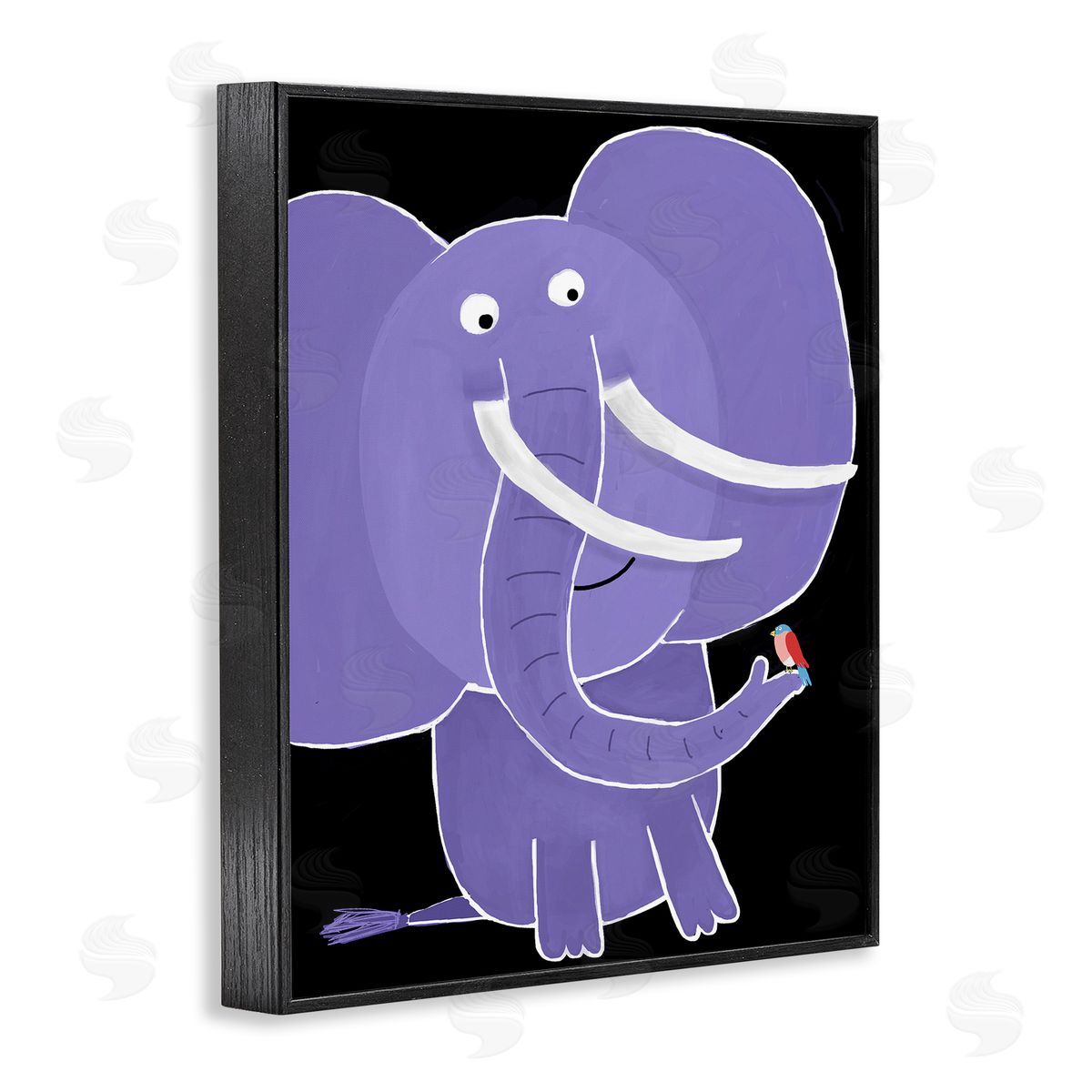 Elephant & Bird on Black Black Frame Print Wall Art, Home Decor by Carla Daly