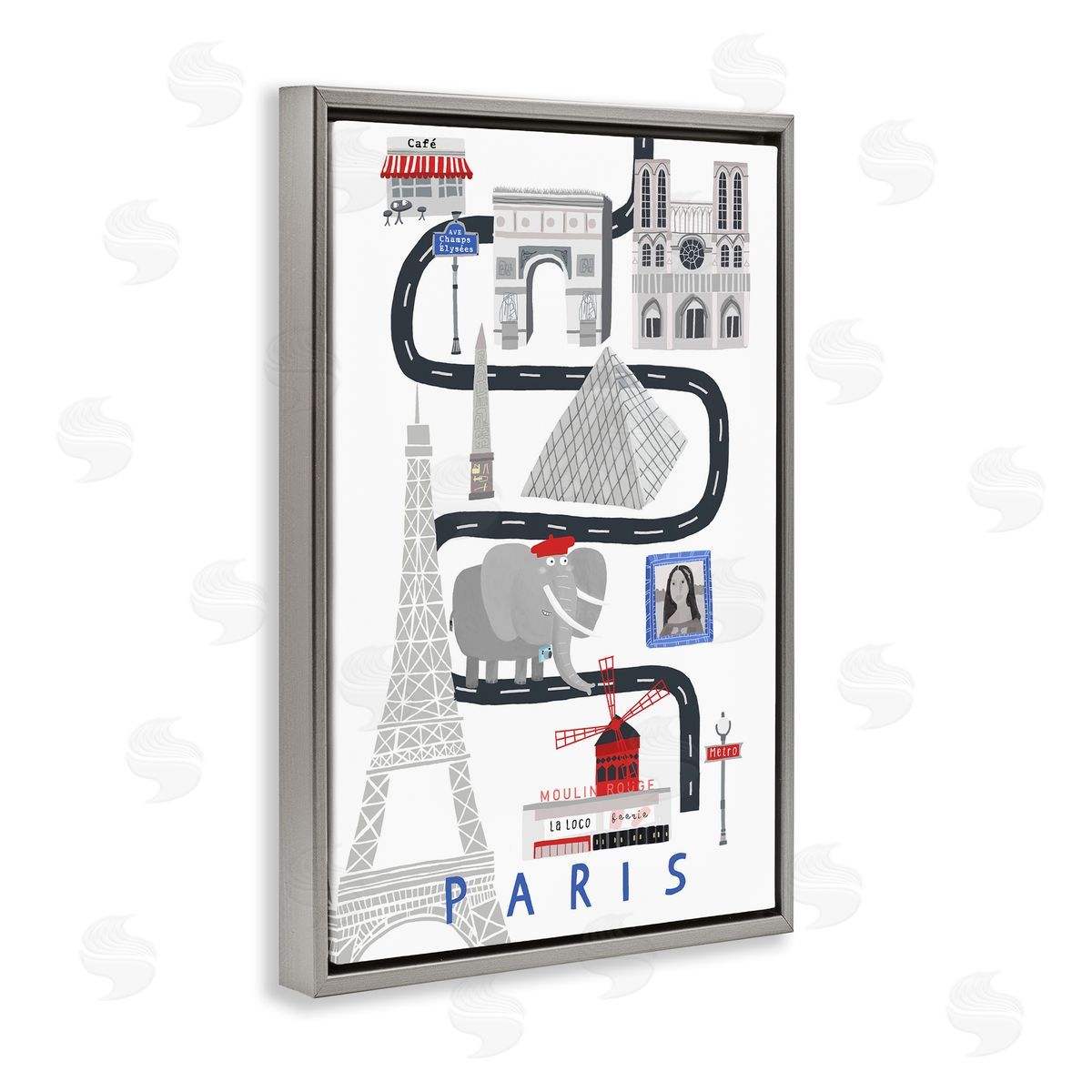 Paris Whimsical Travel City Grey Floating Frame Canvas Wall Art, Home Decor by Carla Daly