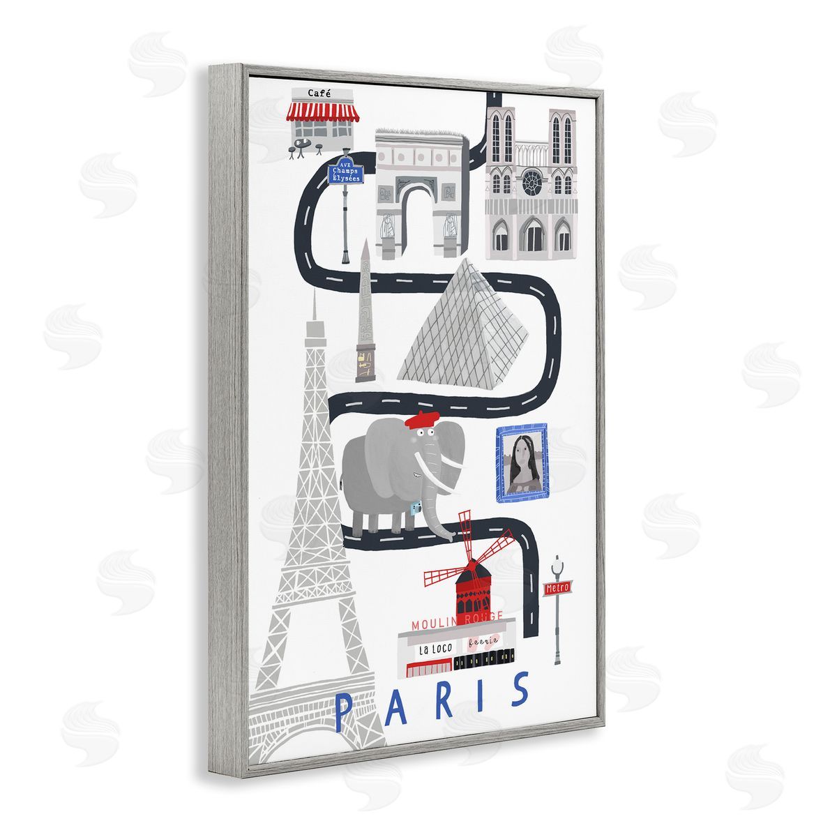 Paris Whimsical Travel City Grey Frame Print Wall Art, Home Decor by Carla Daly