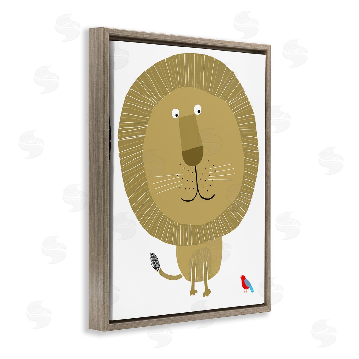Friendly Lion & Bird Brown Floating Frame Canvas Wall Art, Home Decor by Carla Daly