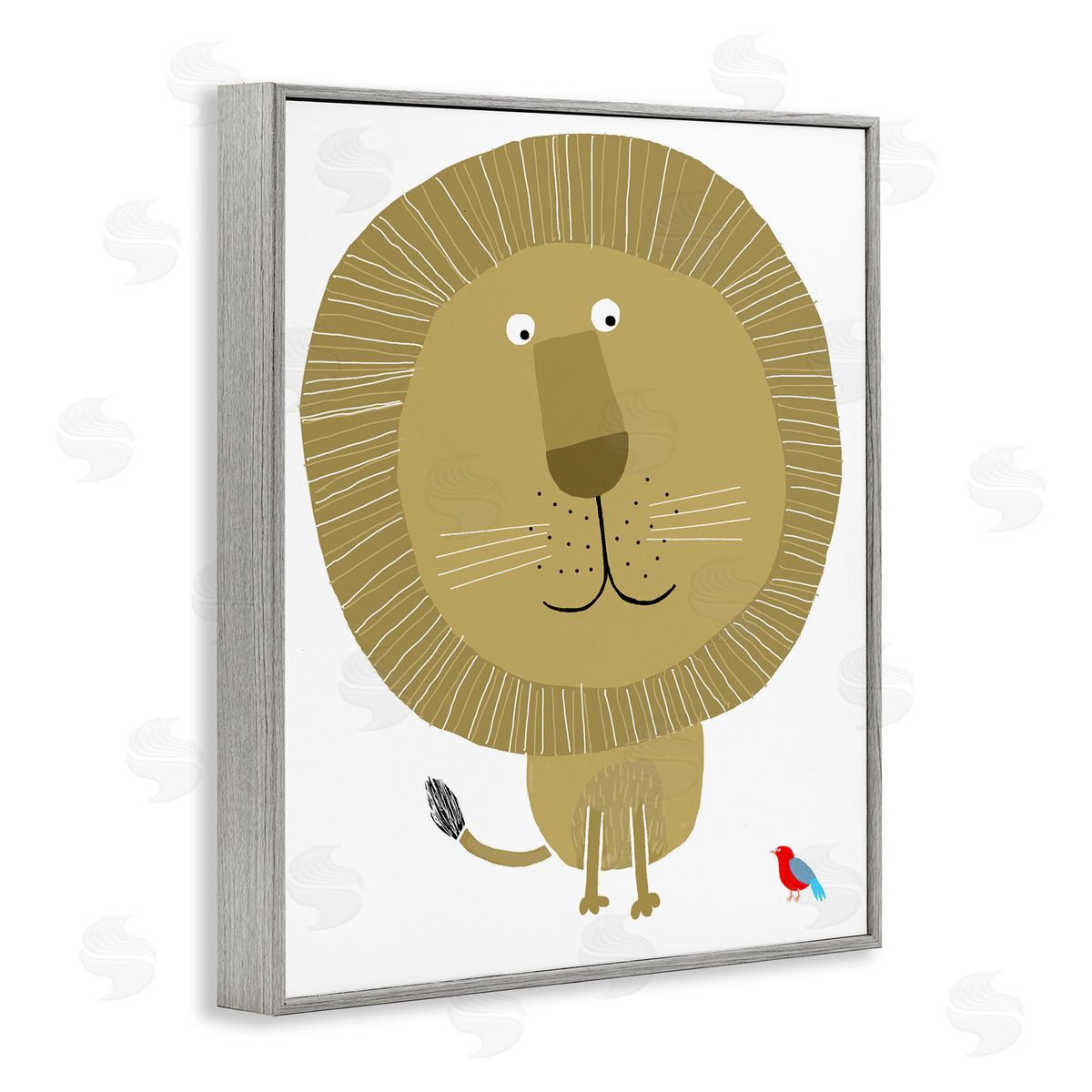 Friendly Lion & Bird Grey Frame Print Wall Art, Home Decor by Carla Daly