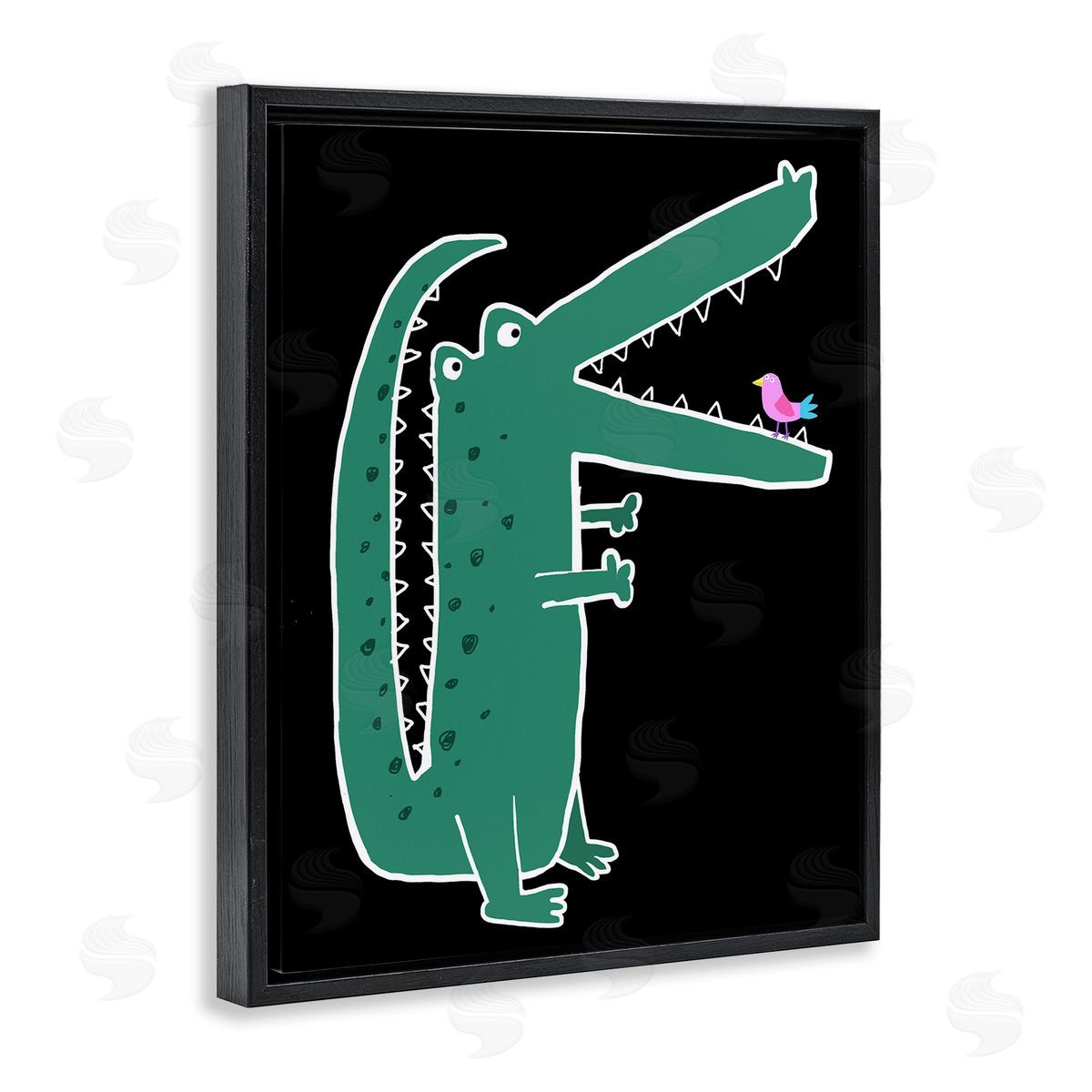Alligator & Bird on Black Black Floating Frame Canvas Wall Art, Home Decor by Carla Daly