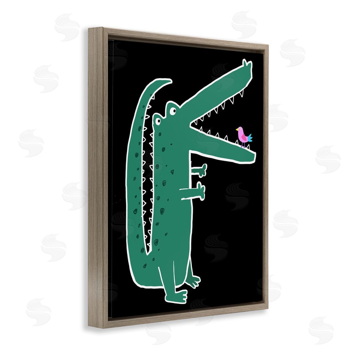 Alligator & Bird on Black Brown Floating Frame Canvas Wall Art, Home Decor by Carla Daly