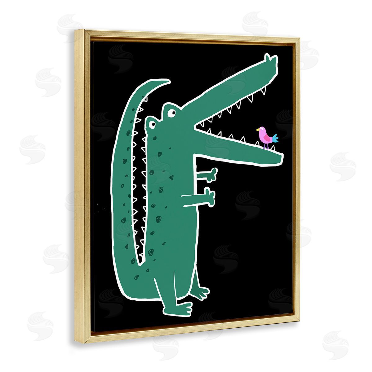 Alligator & Bird on Black Gold Floating Frame Canvas Wall Art, Home Decor by Carla Daly