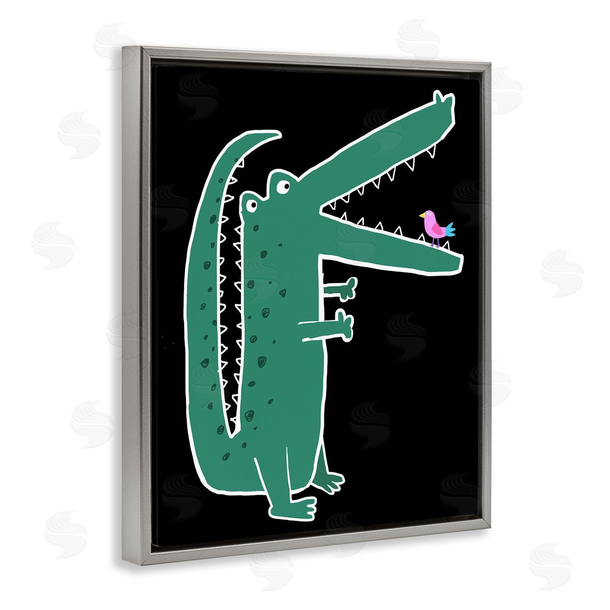 Alligator & Bird on Black Grey Floating Frame Canvas Wall Art, Home Decor by Carla Daly