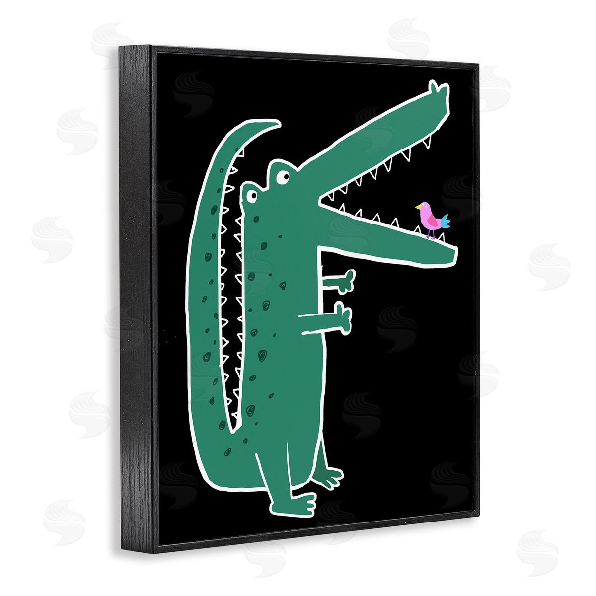 Alligator & Bird on Black Black Frame Print Wall Art, Home Decor by Carla Daly