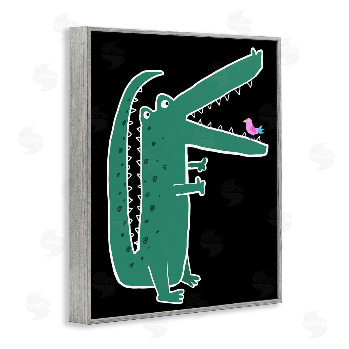 Alligator & Bird on Black Grey Frame Print Wall Art, Home Decor by Carla Daly