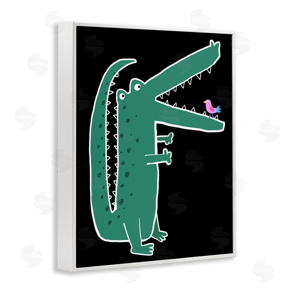 Alligator & Bird on Black White Frame Print Wall Art, Home Decor by Carla Daly