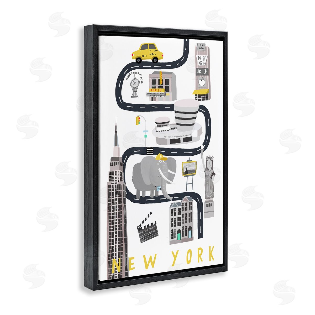 New York Whimsical Travel City Black Floating Frame Canvas Wall Art, Home Decor by Carla Daly