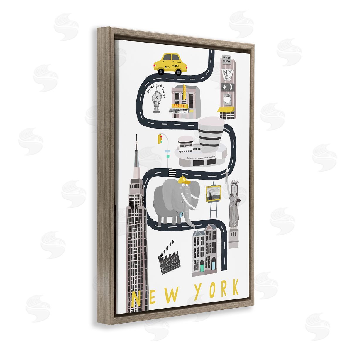 New York Whimsical Travel City Brown Floating Frame Canvas Wall Art, Home Decor by Carla Daly