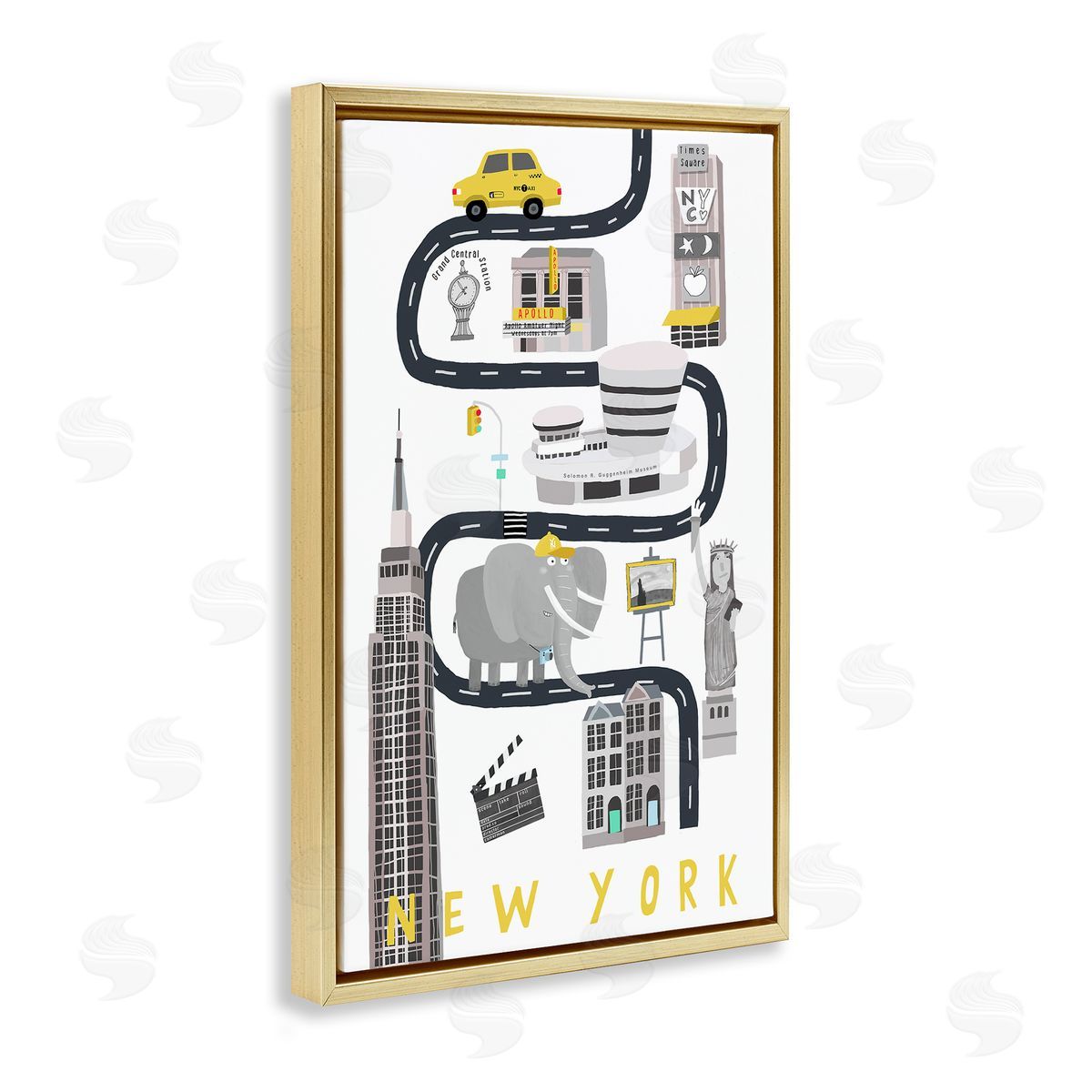 New York Whimsical Travel City Gold Floating Frame Canvas Wall Art, Home Decor by Carla Daly