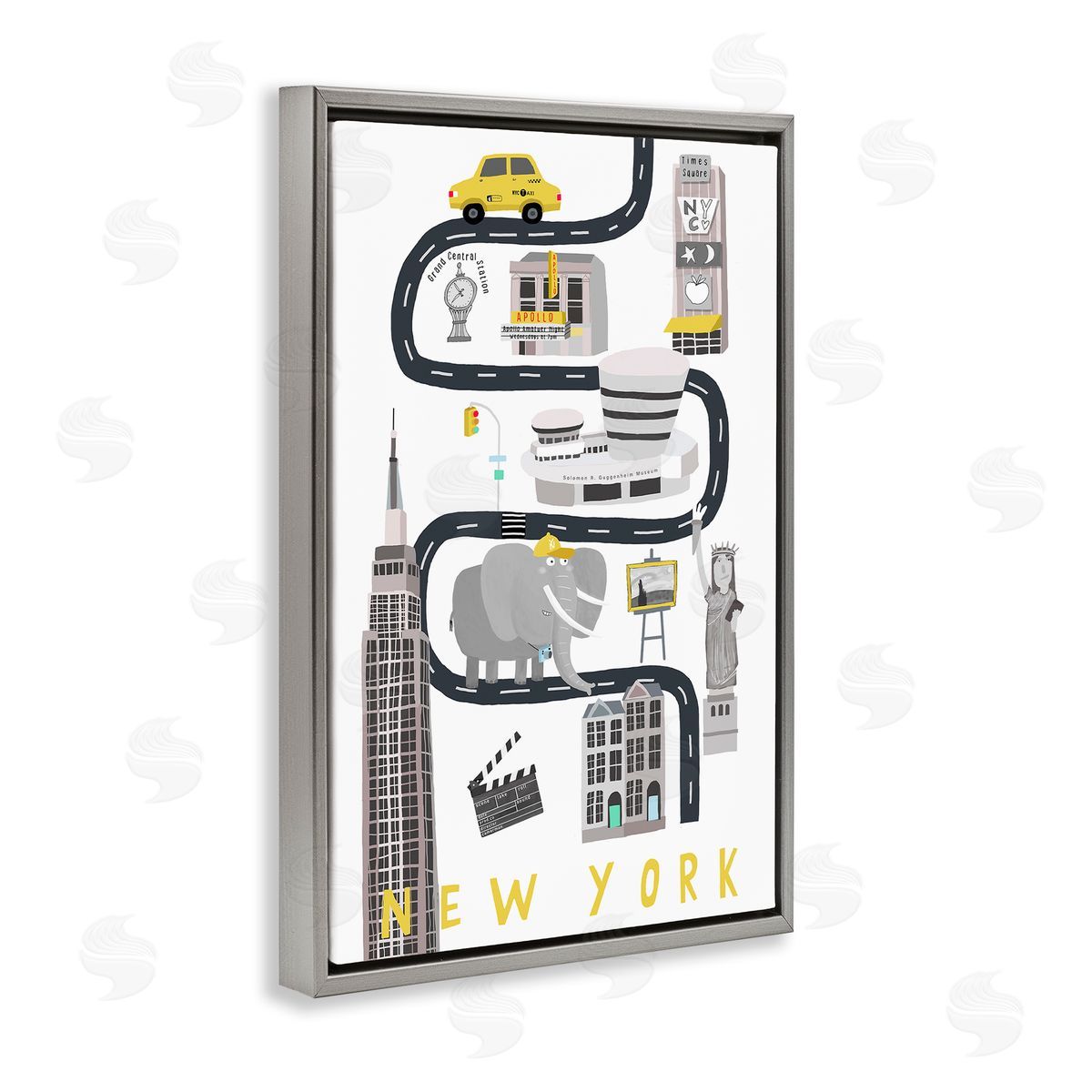 New York Whimsical Travel City Grey Floating Frame Canvas Wall Art, Home Decor by Carla Daly