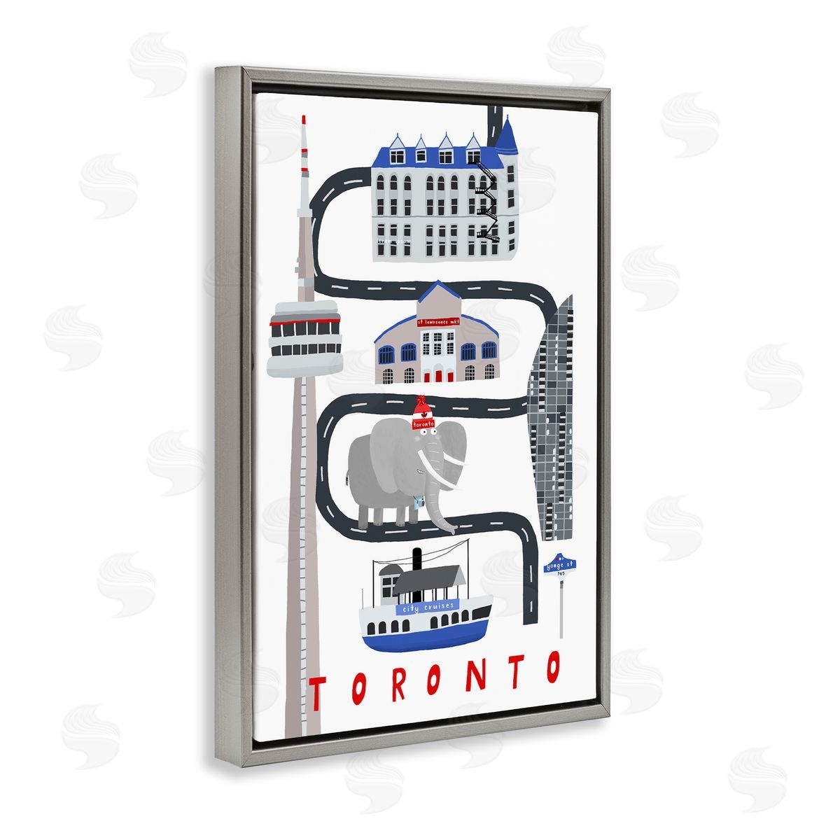 Toronto Whimsical Travel City Grey Floating Frame Canvas Wall Art, Home Decor by Carla Daly