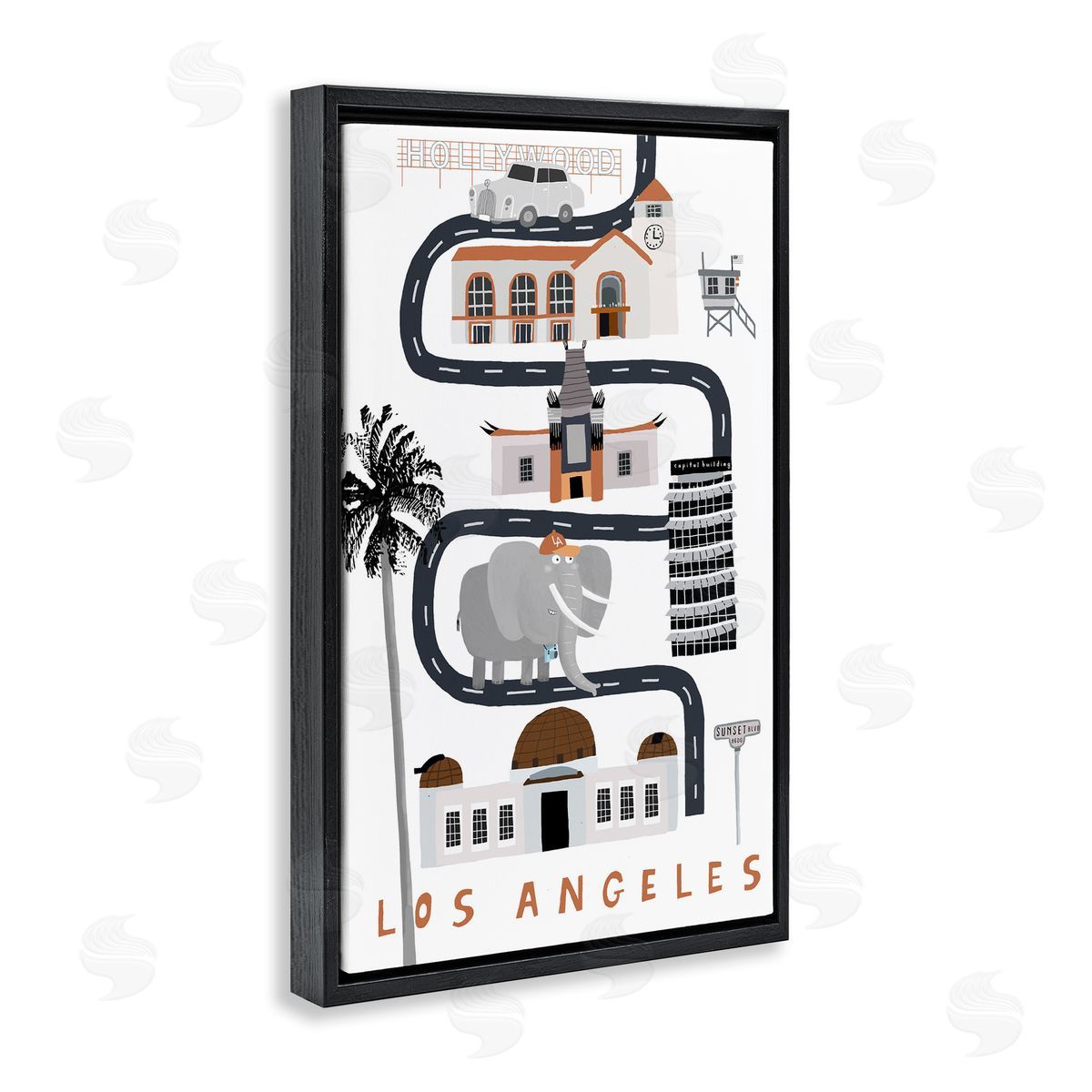 Los Angeles Whimsical Travel City Black Floating Frame Canvas Wall Art, Home Decor by Carla Daly