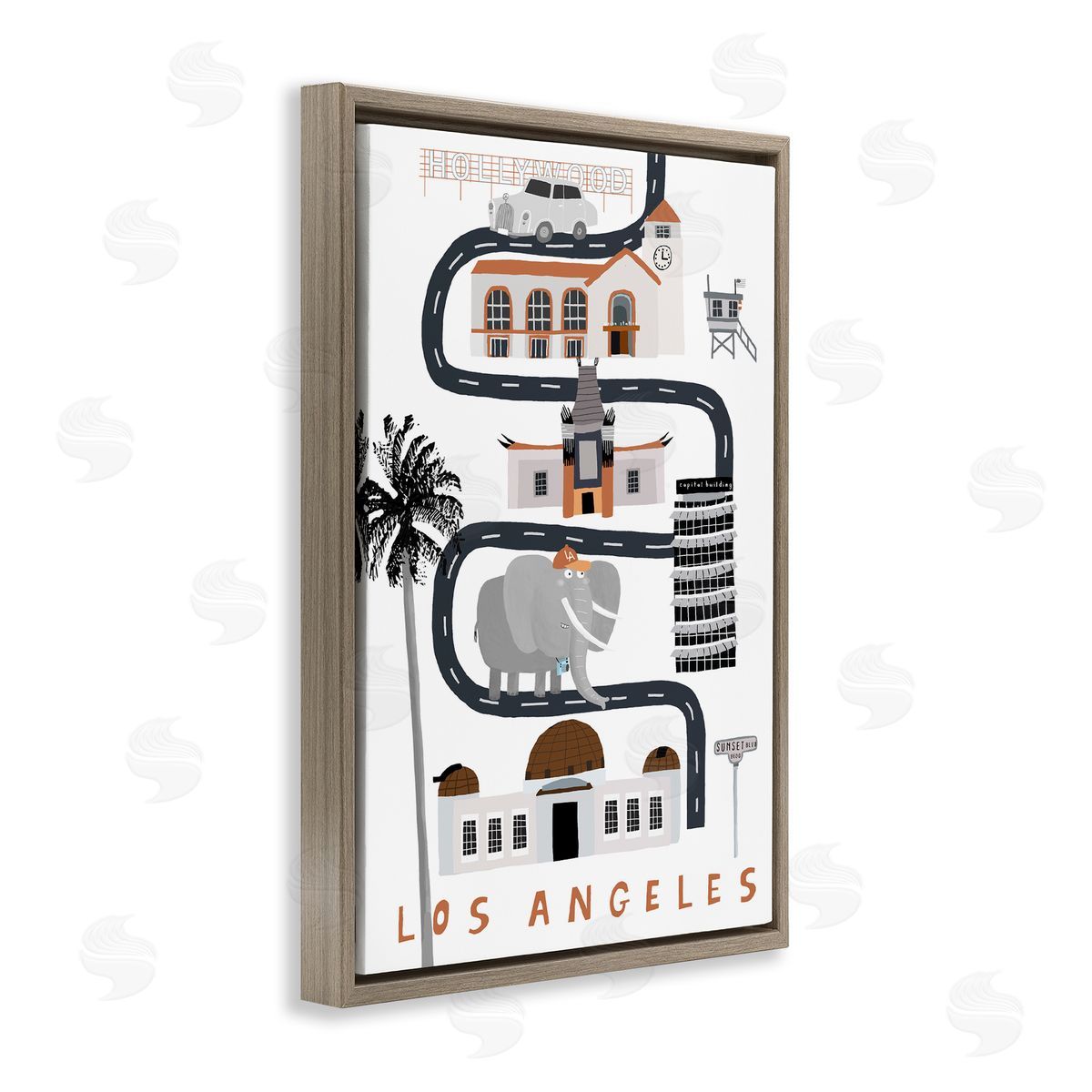 Los Angeles Whimsical Travel City Brown Floating Frame Canvas Wall Art, Home Decor by Carla Daly
