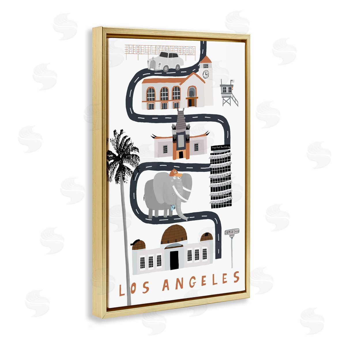 Los Angeles Whimsical Travel City Gold Floating Frame Canvas Wall Art, Home Decor by Carla Daly