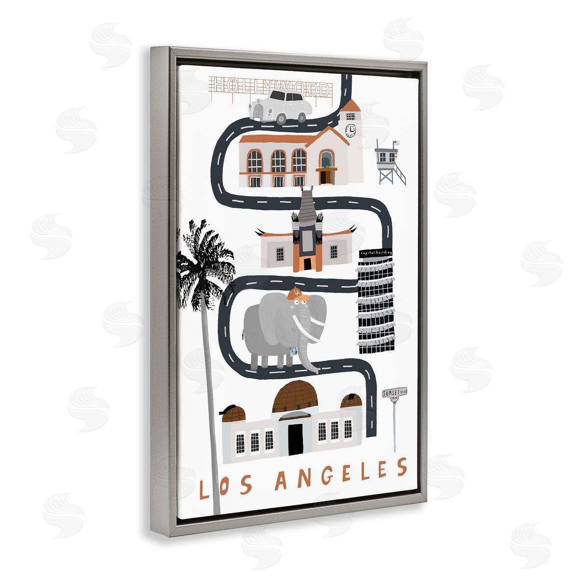 Los Angeles Whimsical Travel City Grey Floating Frame Canvas Wall Art, Home Decor by Carla Daly