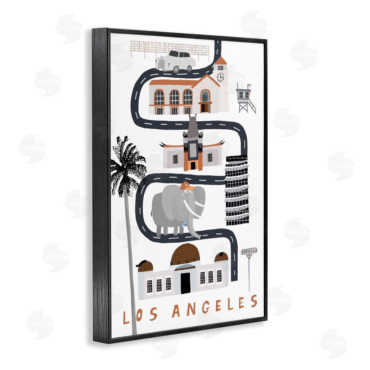 Los Angeles Whimsical Travel City Black Frame Print Wall Art, Home Decor by Carla Daly