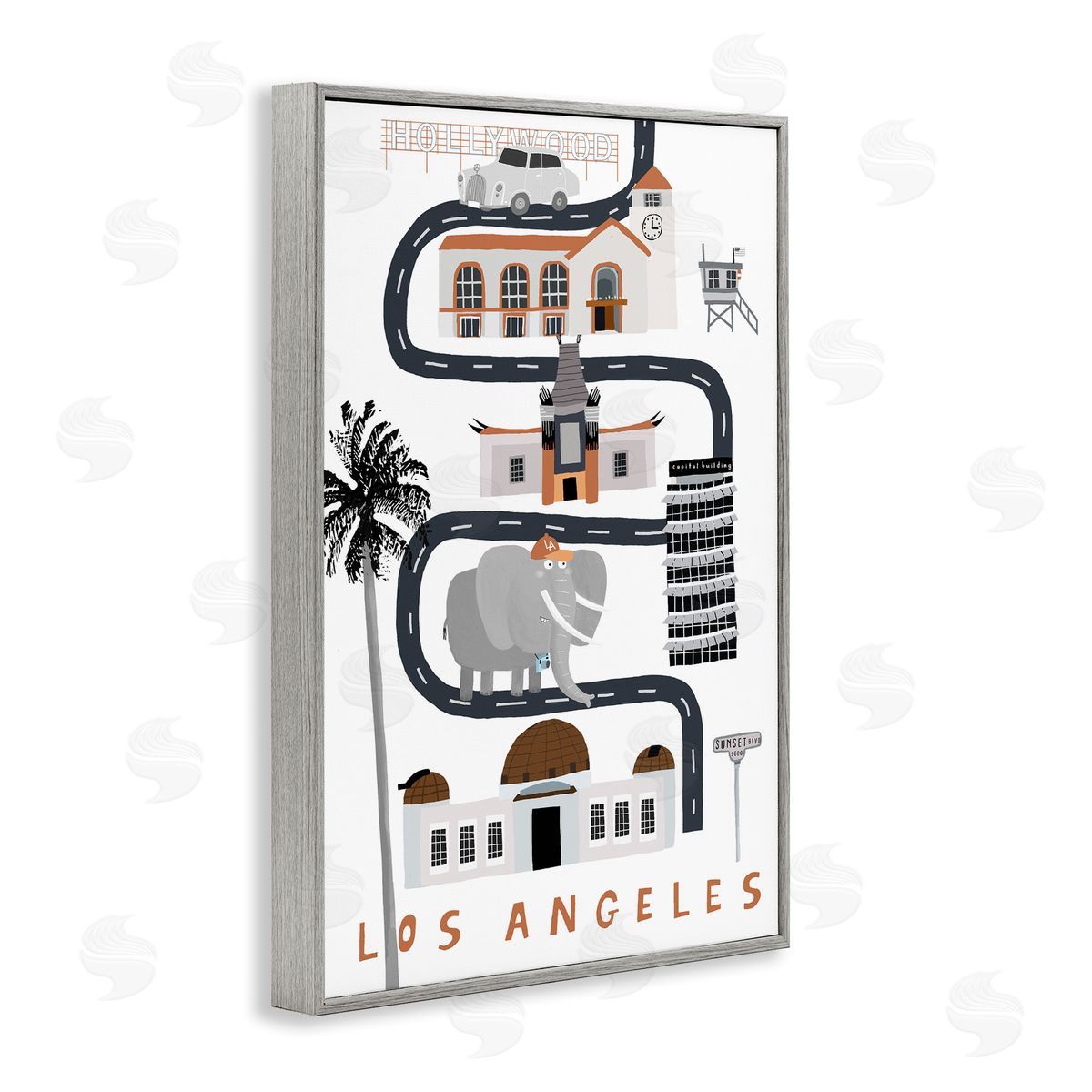 Los Angeles Whimsical Travel City Grey Frame Print Wall Art, Home Decor by Carla Daly