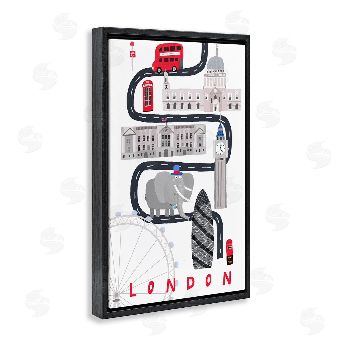 London Whimsical Travel City Black Floating Frame Canvas Wall Art, Home Decor by Carla Daly