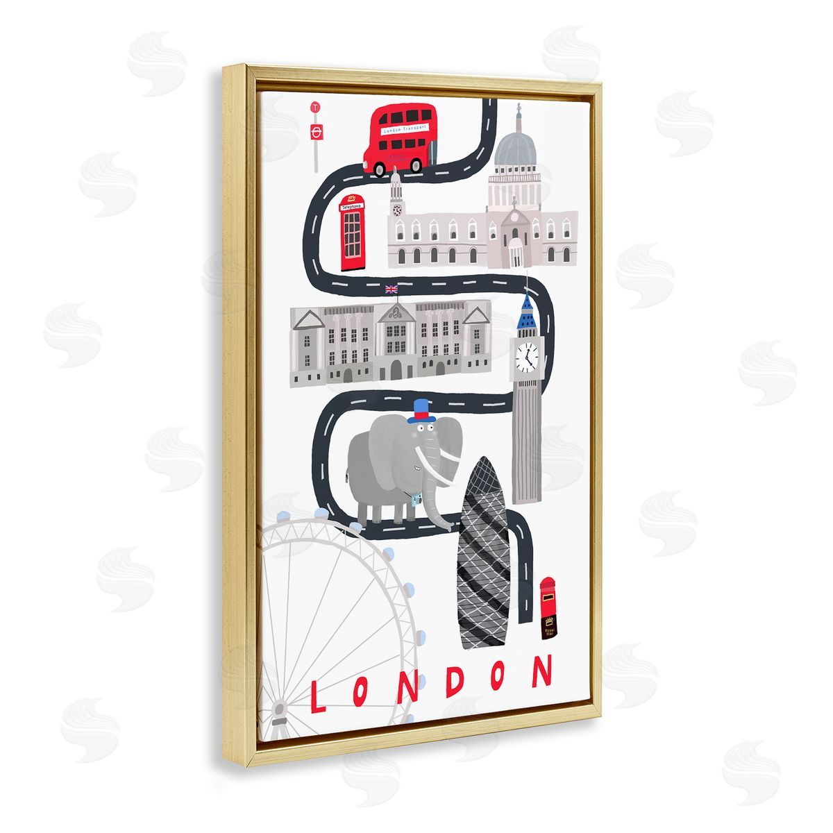 London Whimsical Travel City Gold Floating Frame Canvas Wall Art, Home Decor by Carla Daly