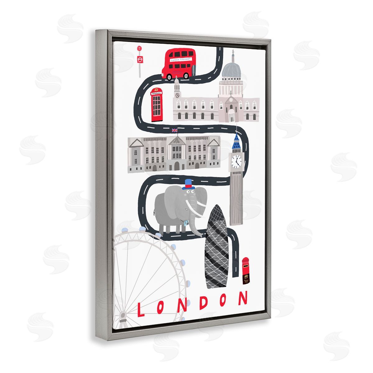 London Whimsical Travel City Grey Floating Frame Canvas Wall Art, Home Decor by Carla Daly