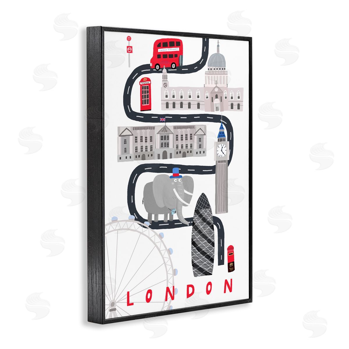 London Whimsical Travel City Black Frame Print Wall Art, Home Decor by Carla Daly