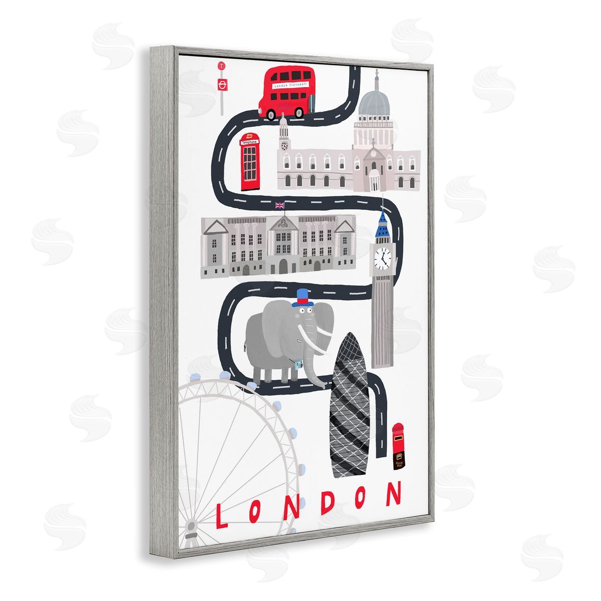 London Whimsical Travel City Grey Frame Print Wall Art, Home Decor by Carla Daly