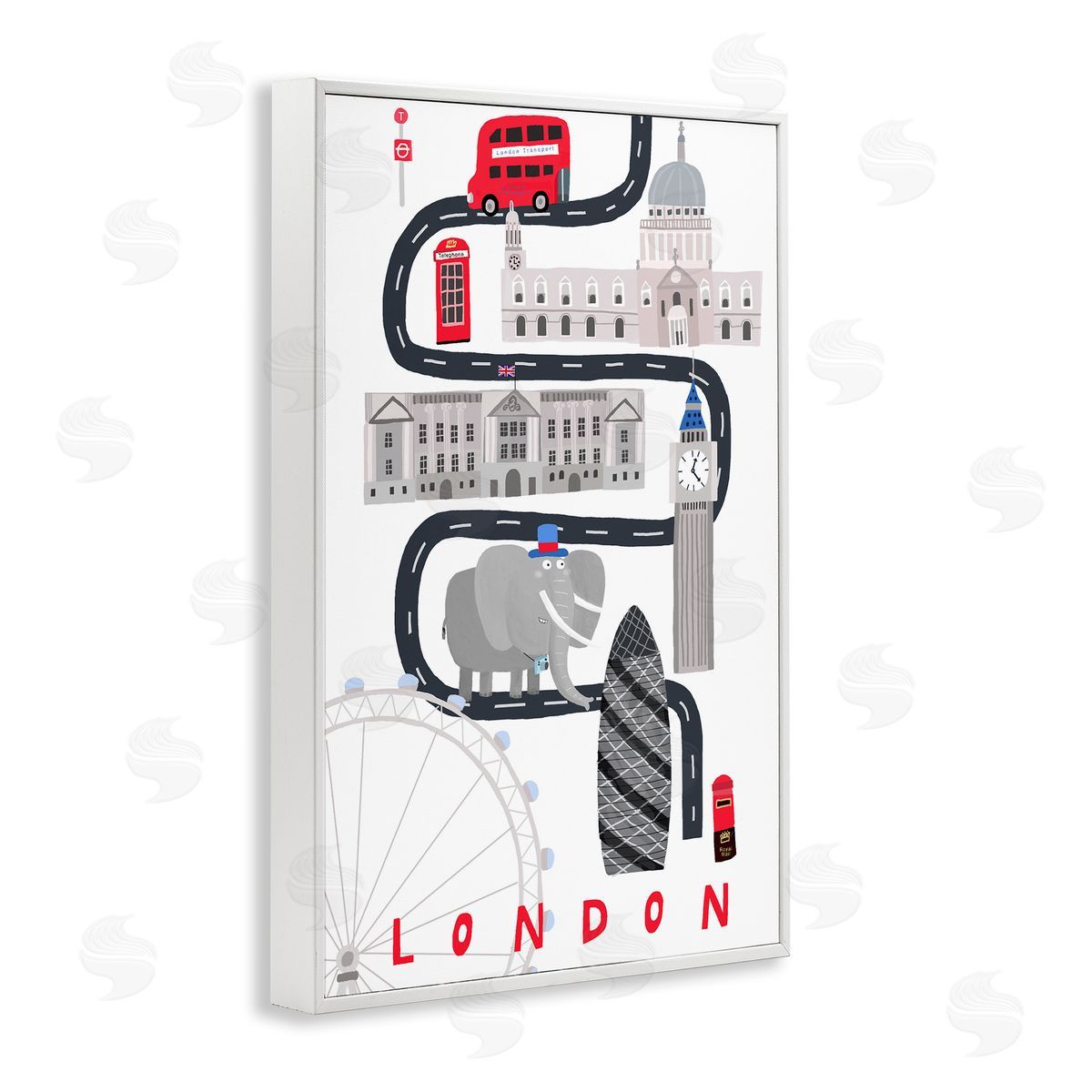 London Whimsical Travel City White Frame Print Wall Art, Home Decor by Carla Daly