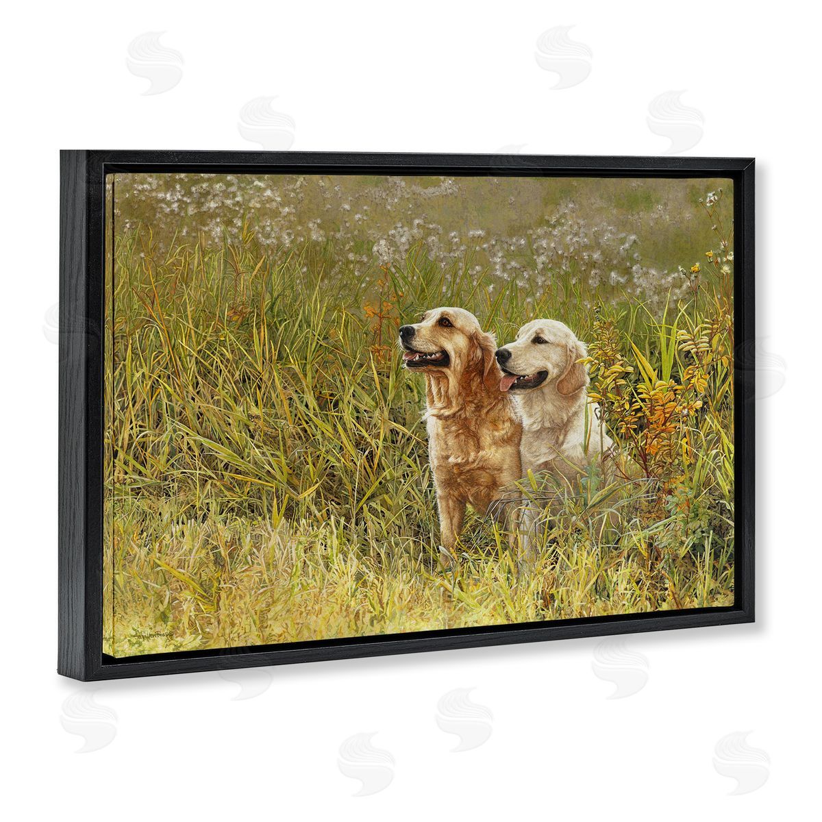 Happy Dogs Field Day Black Floating Frame Canvas Wall Art, Home Decor by Sueellen Ross