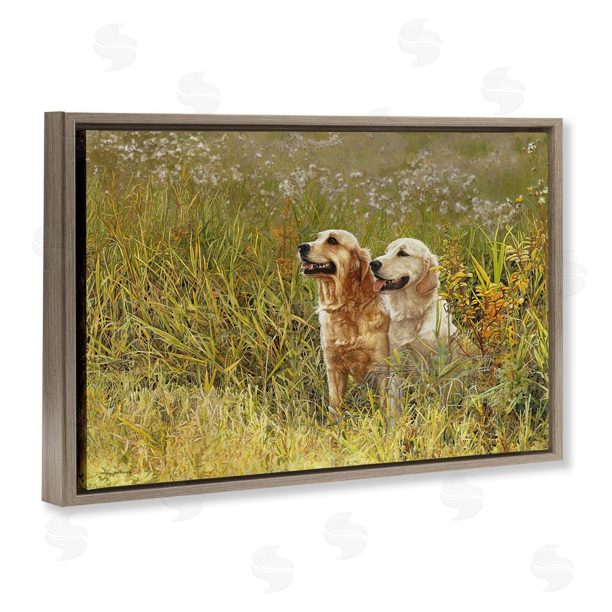Happy Dogs Field Day Brown Floating Frame Canvas Wall Art, Home Decor by Sueellen Ross
