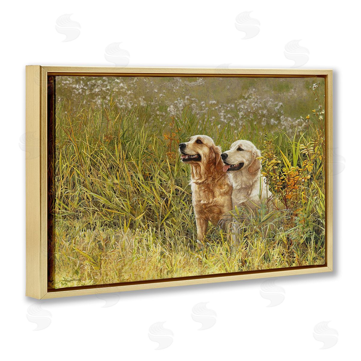 Happy Dogs Field Day Gold Floating Frame Canvas Wall Art, Home Decor by Sueellen Ross