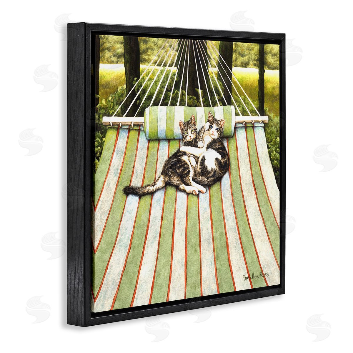 Playful Kittens on Hammock Black Floating Frame Canvas Wall Art, Home Decor by Sueellen Ross