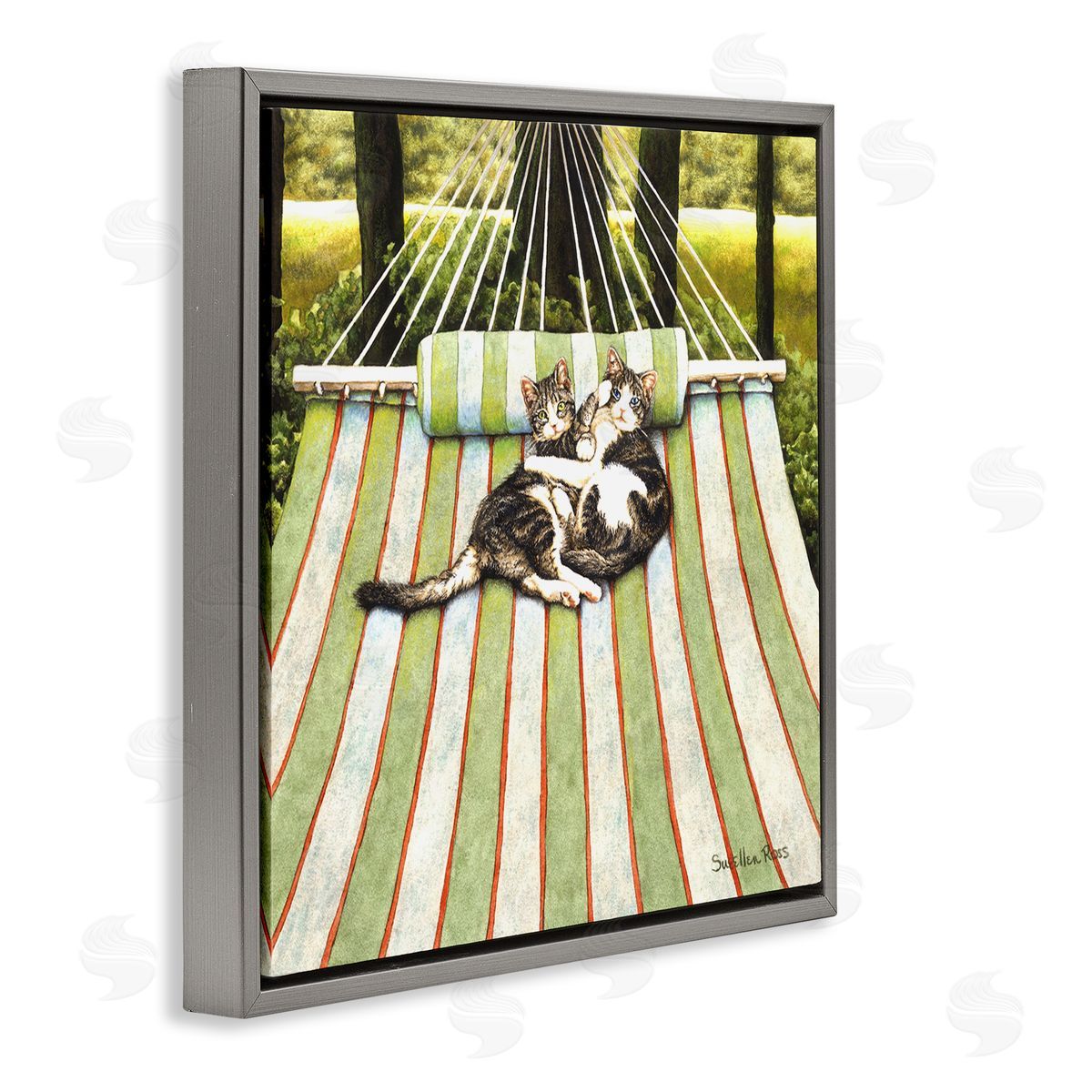 Playful Kittens on Hammock Grey Floating Frame Canvas Wall Art, Home Decor by Sueellen Ross