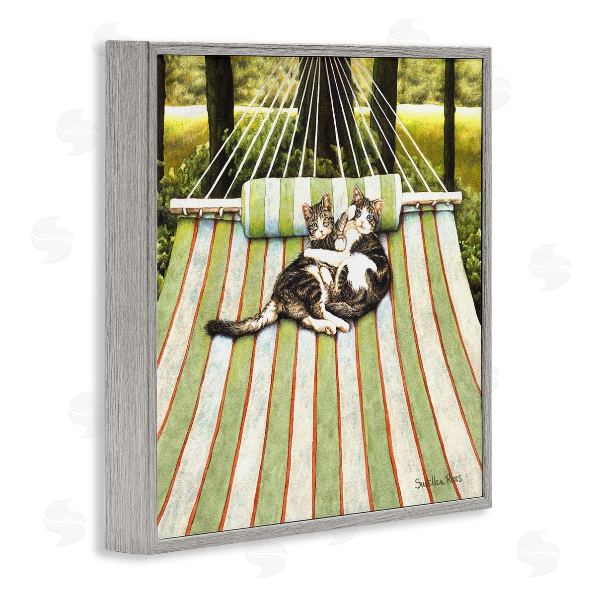 Playful Kittens on Hammock Grey Frame Print Wall Art, Home Decor by Sueellen Ross